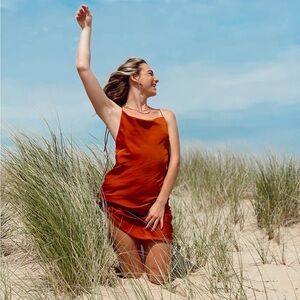 Rust Orange Slip Dress with Adjustable Drawstring Hem